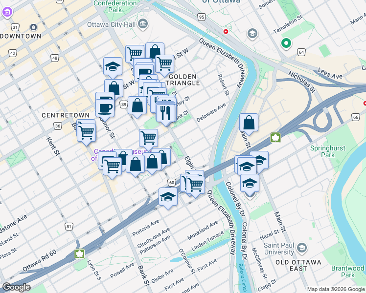 map of restaurants, bars, coffee shops, grocery stores, and more near 417 Elgin Street in Ottawa