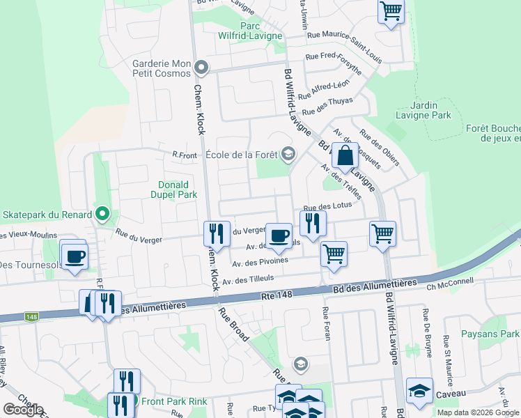 map of restaurants, bars, coffee shops, grocery stores, and more near 330 Rue des Framboisiers in Gatineau