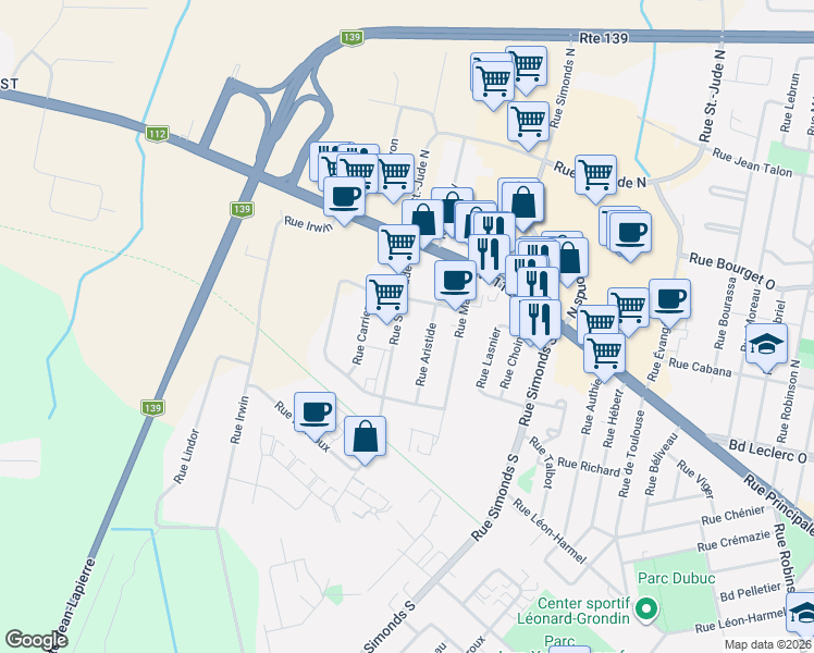 map of restaurants, bars, coffee shops, grocery stores, and more near 36 Rue Saint-Jude Sud in Granby