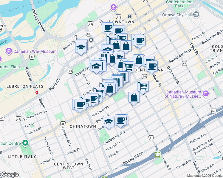 map of restaurants, bars, coffee shops, grocery stores, and more near 620 Cooper Street in Ottawa