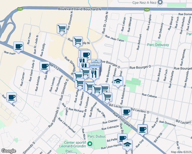 map of restaurants, bars, coffee shops, grocery stores, and more near 43 Rue Évangéline in Granby