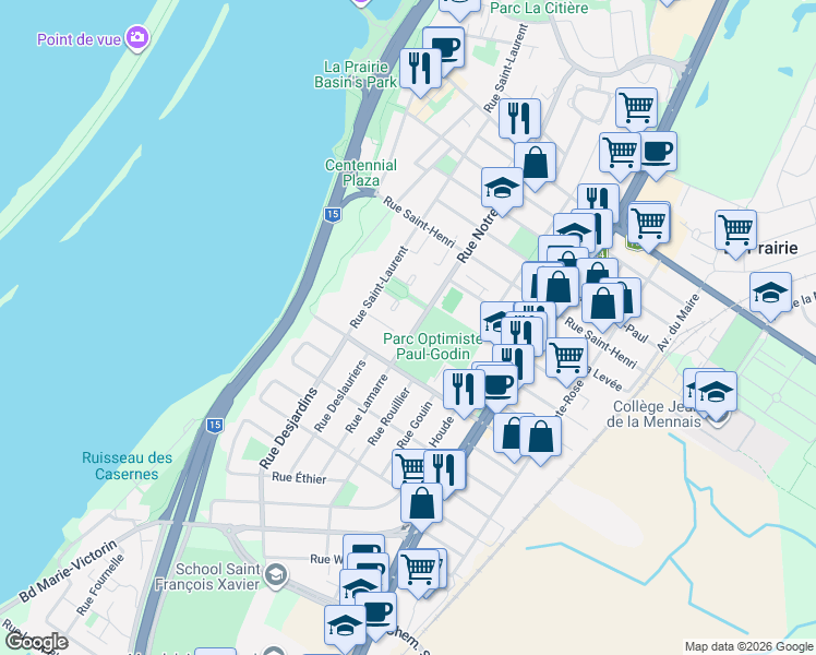 map of restaurants, bars, coffee shops, grocery stores, and more near 590 Rue Notre-Dame in La Prairie