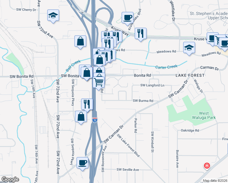 map of restaurants, bars, coffee shops, grocery stores, and more near 15446 Stephanie Court in Lake Oswego