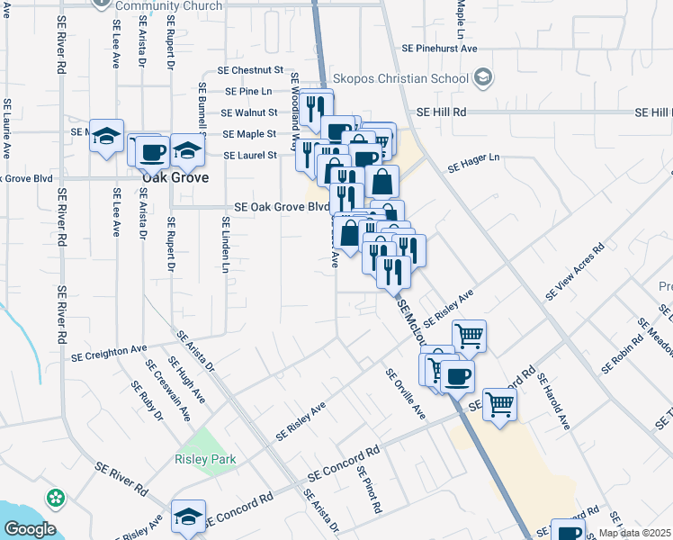 map of restaurants, bars, coffee shops, grocery stores, and more near 15065 Southeast East Avenue in Oak Grove