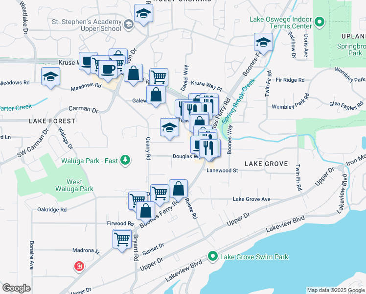 map of restaurants, bars, coffee shops, grocery stores, and more near in Lake Oswego