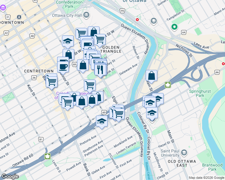 map of restaurants, bars, coffee shops, grocery stores, and more near 83 Park Avenue in Ottawa