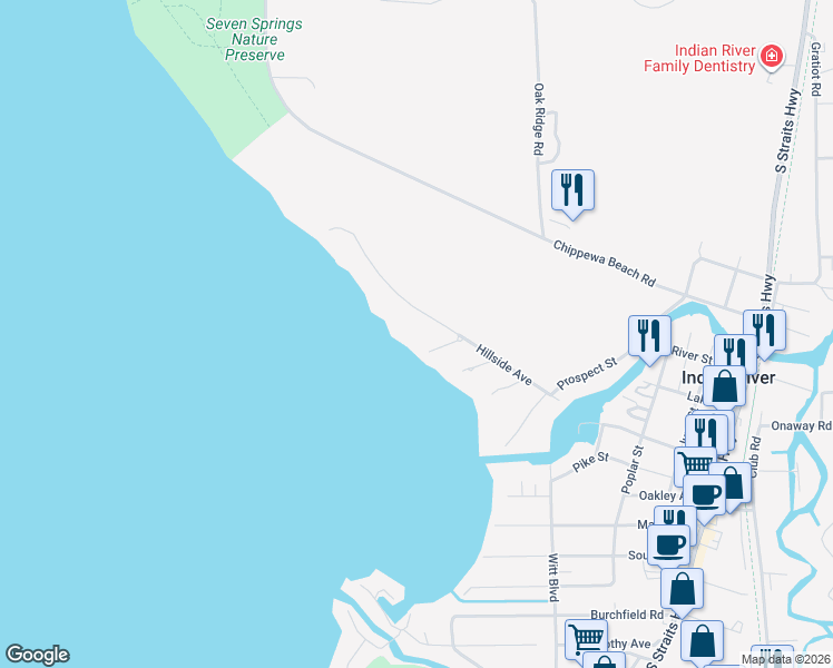 map of restaurants, bars, coffee shops, grocery stores, and more near 6597 Hillside Ave in Indian River