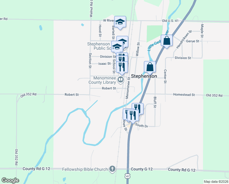 map of restaurants, bars, coffee shops, grocery stores, and more near 600-698 Robert Street in Stephenson