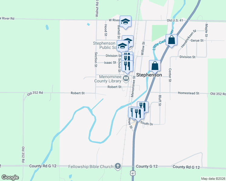 map of restaurants, bars, coffee shops, grocery stores, and more near 600 Robert Street in Stephenson