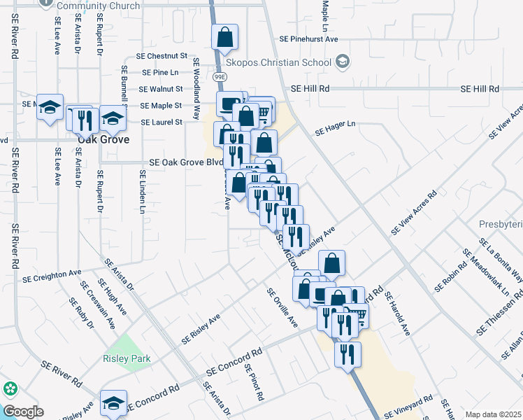 map of restaurants, bars, coffee shops, grocery stores, and more near 15099 SE McLoughlin Blvd in Portland