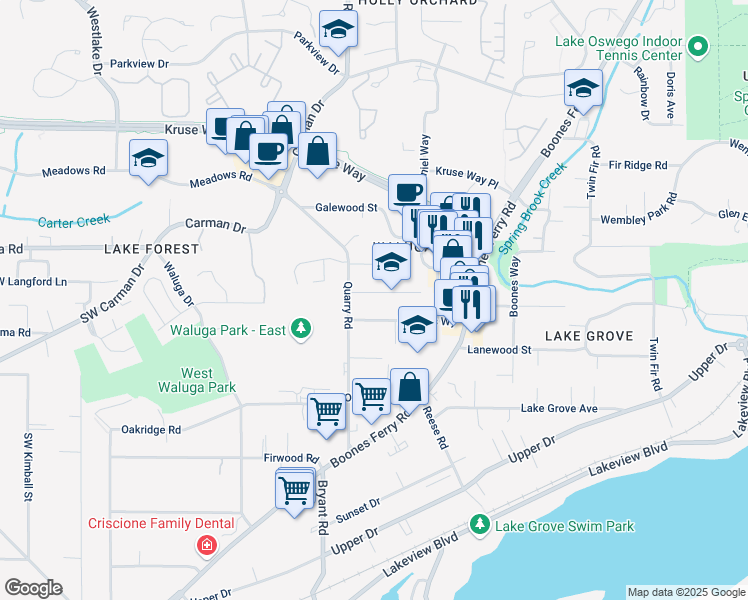 map of restaurants, bars, coffee shops, grocery stores, and more near 4342 Southwest Collins Way in Lake Oswego