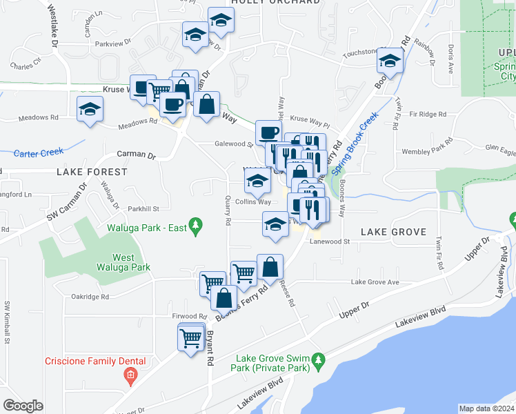 map of restaurants, bars, coffee shops, grocery stores, and more near 4290 Southwest Collins Way in Lake Oswego