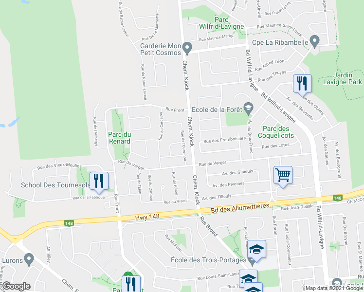 map of restaurants, bars, coffee shops, grocery stores, and more near 240 Rue de l'Ours-noir in Gatineau