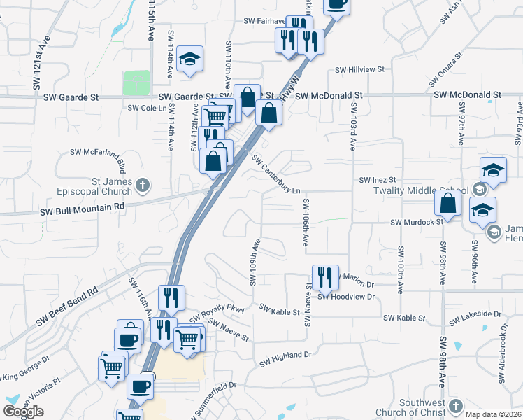 map of restaurants, bars, coffee shops, grocery stores, and more near 14775 Southwest 109th Avenue in Tigard