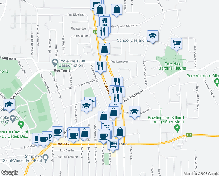 map of restaurants, bars, coffee shops, grocery stores, and more near 332 12e Avenue Nord in Sherbrooke