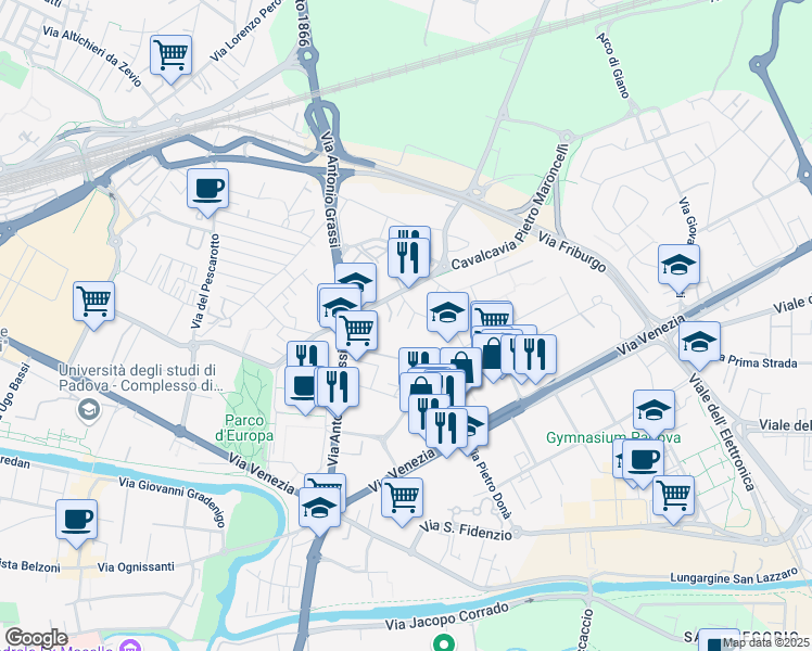 map of restaurants, bars, coffee shops, grocery stores, and more near 18 Via Fratelli Boscardin in Padua