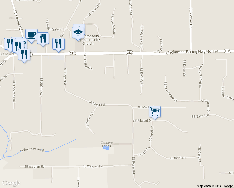 map of restaurants, bars, coffee shops, grocery stores, and more near 15230 Southeast Royer Road in Damascus