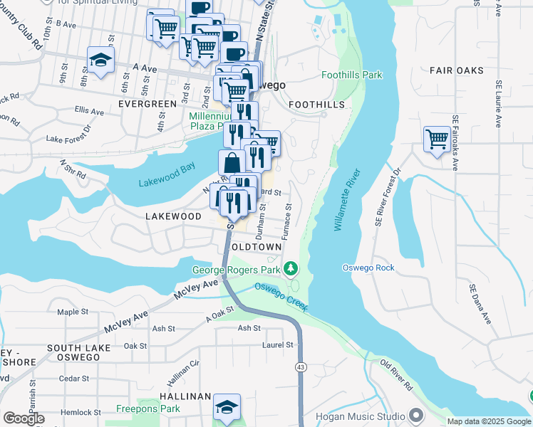 map of restaurants, bars, coffee shops, grocery stores, and more near 212 Durham Street in Lake Oswego