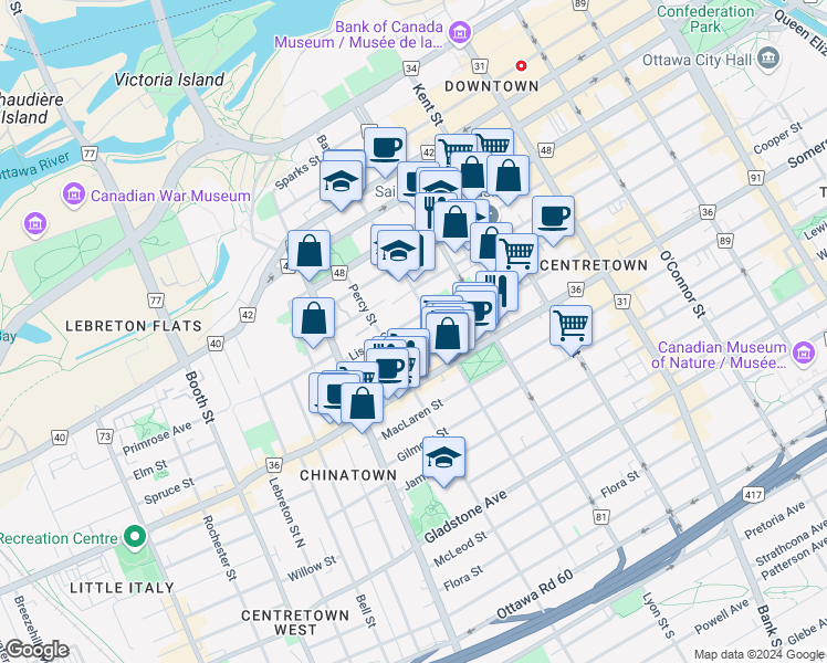 map of restaurants, bars, coffee shops, grocery stores, and more near in Ottawa