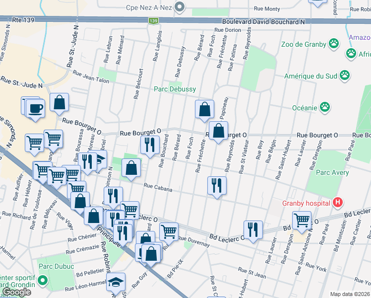map of restaurants, bars, coffee shops, grocery stores, and more near 328 Rue Foch in Granby