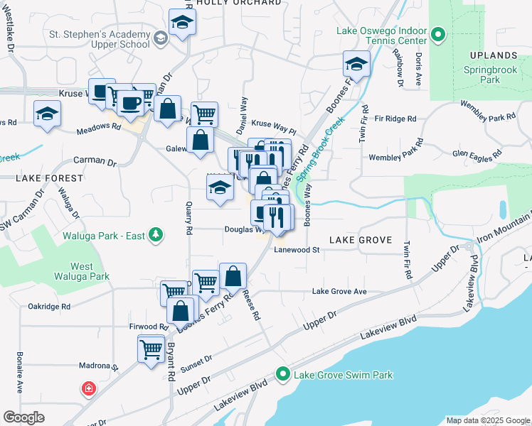map of restaurants, bars, coffee shops, grocery stores, and more near 3990 Southwest Collins Way in Lake Oswego
