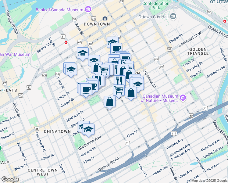 map of restaurants, bars, coffee shops, grocery stores, and more near 330 Kent Street in Ottawa