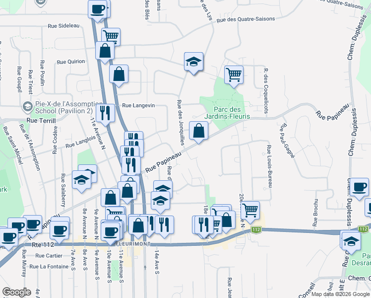 map of restaurants, bars, coffee shops, grocery stores, and more near 320 Rue des Jonquilles in Sherbrooke