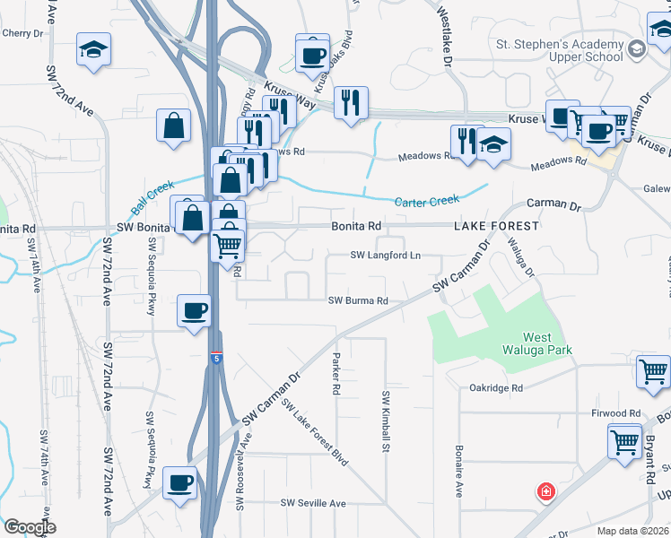 map of restaurants, bars, coffee shops, grocery stores, and more near 5888 Southwest Langford Lane in Lake Oswego