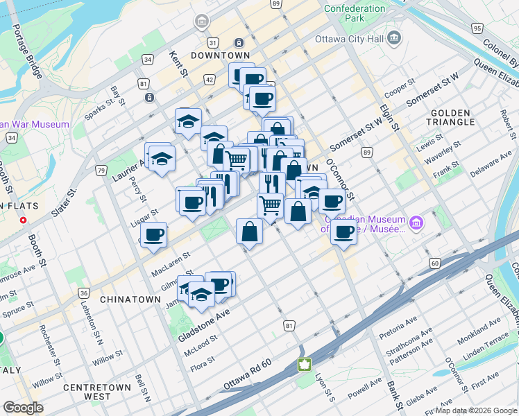 map of restaurants, bars, coffee shops, grocery stores, and more near 330 Kent Street in Ottawa