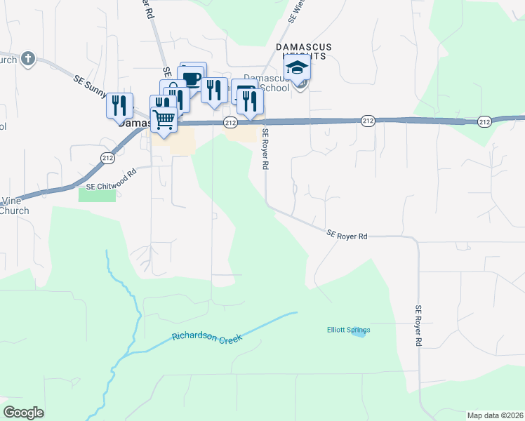 map of restaurants, bars, coffee shops, grocery stores, and more near 14967 Southeast Royer Road in Damascus