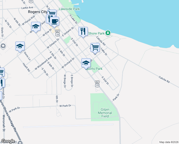 map of restaurants, bars, coffee shops, grocery stores, and more near 500-598 South 3rd Street in Rogers City