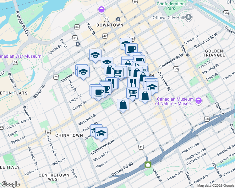 map of restaurants, bars, coffee shops, grocery stores, and more near 474 Somerset Street West in Ottawa