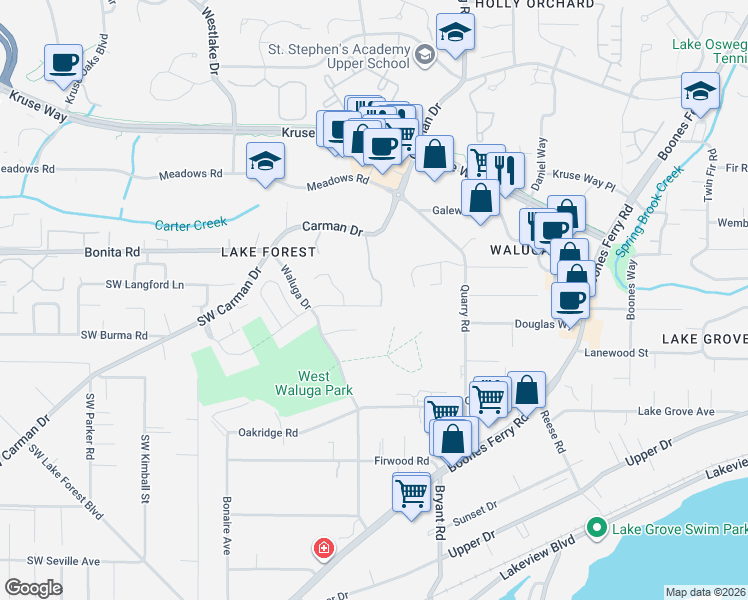map of restaurants, bars, coffee shops, grocery stores, and more near 4911 Parkhill Street in Lake Oswego