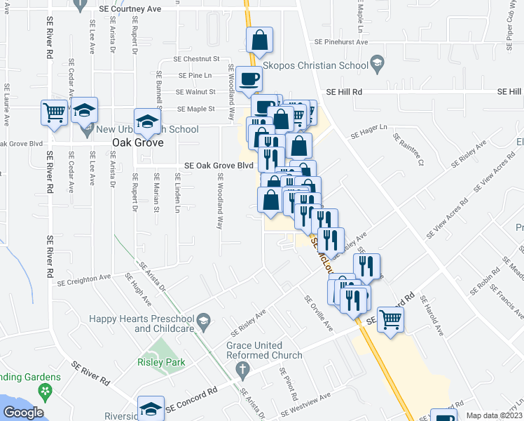 map of restaurants, bars, coffee shops, grocery stores, and more near 15065 Southeast East Avenue in Oak Grove