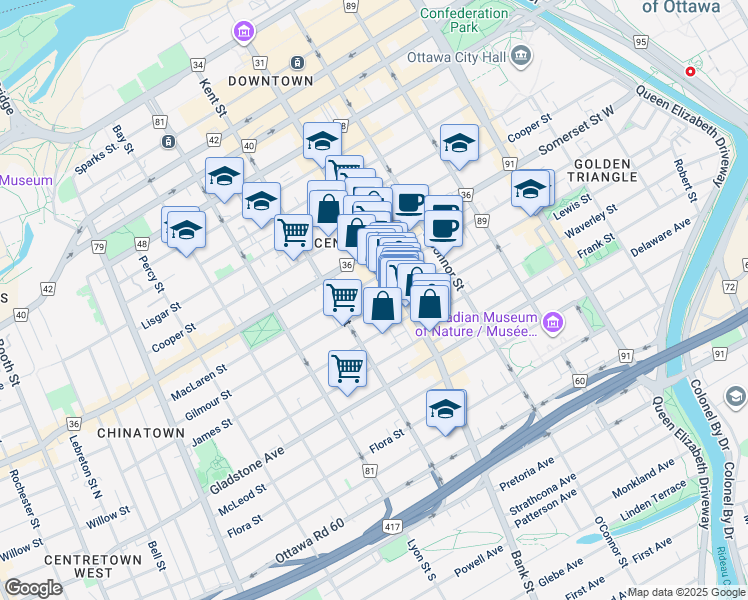map of restaurants, bars, coffee shops, grocery stores, and more near 421 Gilmour Street in Ottawa