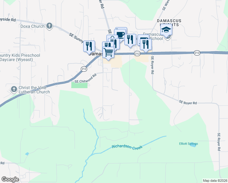map of restaurants, bars, coffee shops, grocery stores, and more near 20020 Southeast Chitwood Road in Damascus
