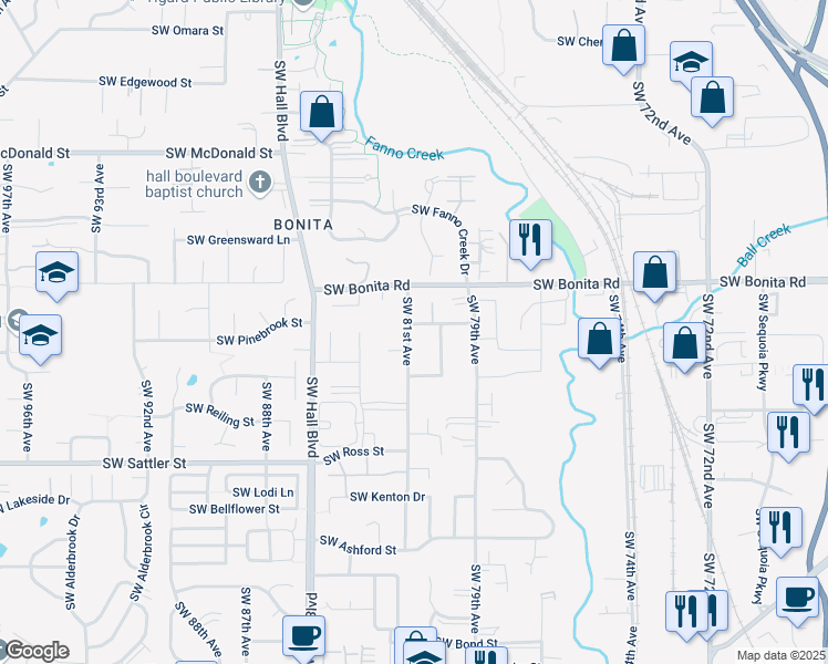 map of restaurants, bars, coffee shops, grocery stores, and more near 8062 Southwest Leiser Lane in Tigard