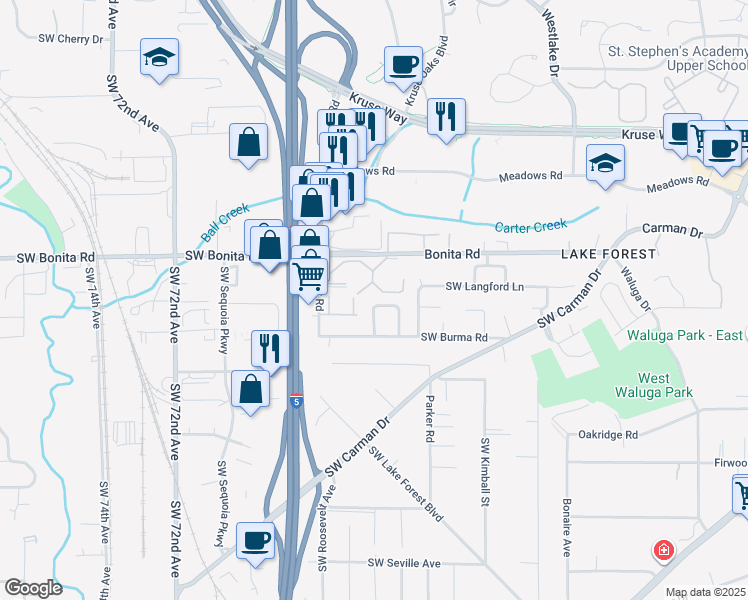 map of restaurants, bars, coffee shops, grocery stores, and more near 15438 Southwest Partridge Drive in Lake Oswego