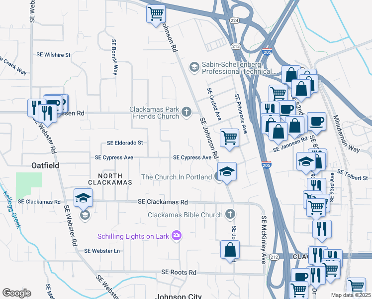 map of restaurants, bars, coffee shops, grocery stores, and more near 8141 Southeast Mindemere Park in Portland
