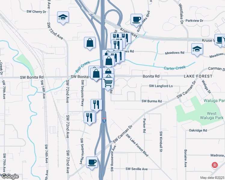 map of restaurants, bars, coffee shops, grocery stores, and more near 15422 Bangy Road in Lake Oswego