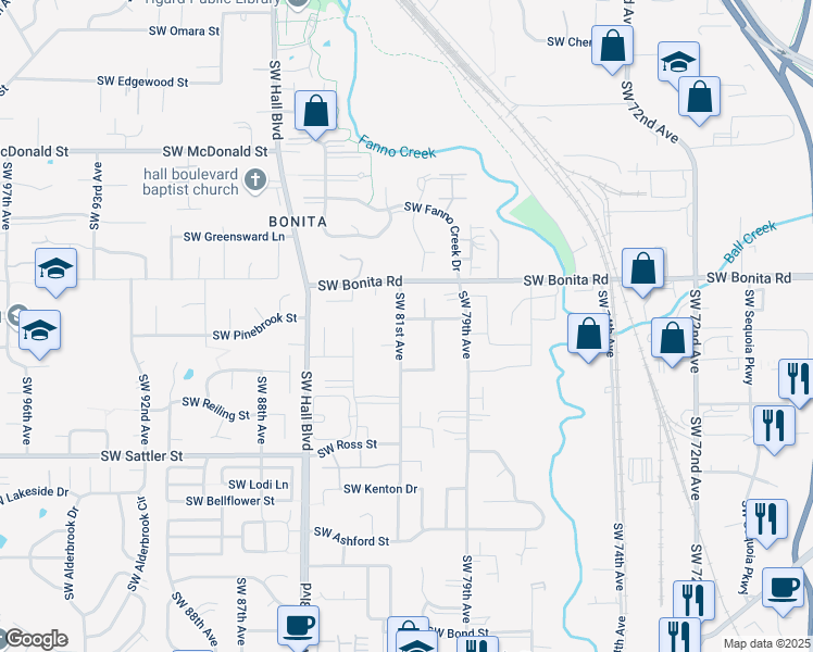 map of restaurants, bars, coffee shops, grocery stores, and more near 8062 Southwest Leiser Lane in Tigard