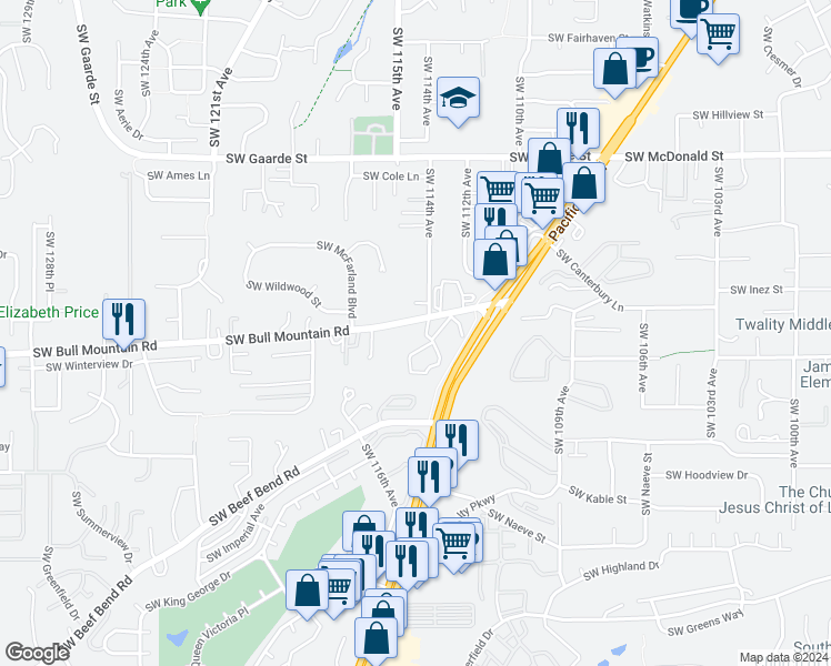 map of restaurants, bars, coffee shops, grocery stores, and more near 11430 Southwest Bull Mountain Road in Tigard