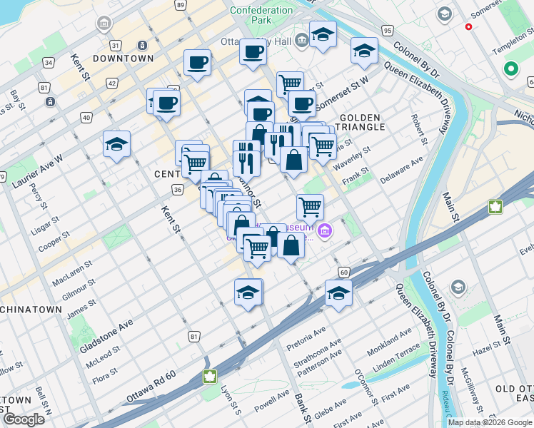 map of restaurants, bars, coffee shops, grocery stores, and more near 326 Waverley Street in Ottawa