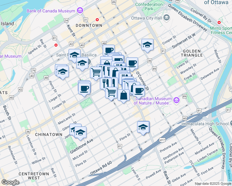 map of restaurants, bars, coffee shops, grocery stores, and more near 330 Kent Street in Ottawa