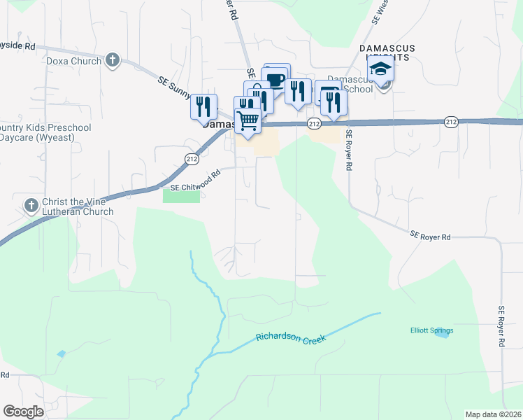 map of restaurants, bars, coffee shops, grocery stores, and more near 20020 Southeast Chitwood Road in Damascus