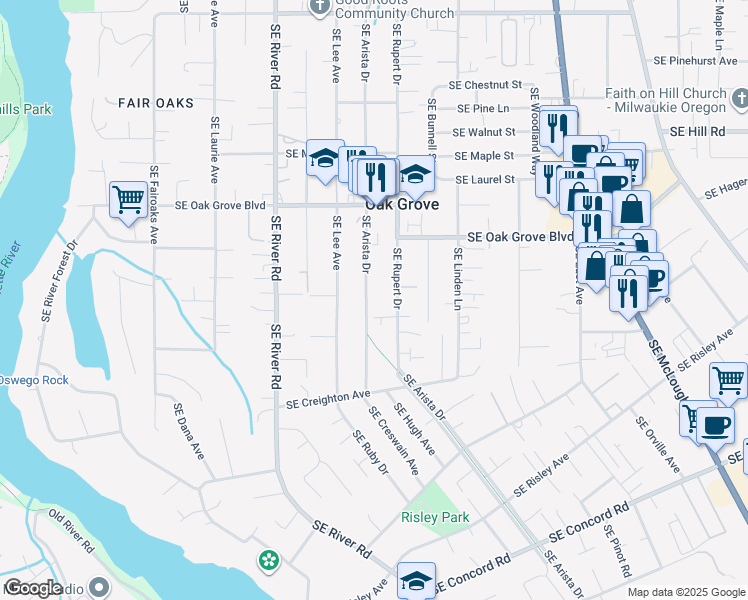 map of restaurants, bars, coffee shops, grocery stores, and more near 15032 Southeast Arista Drive in Oak Grove