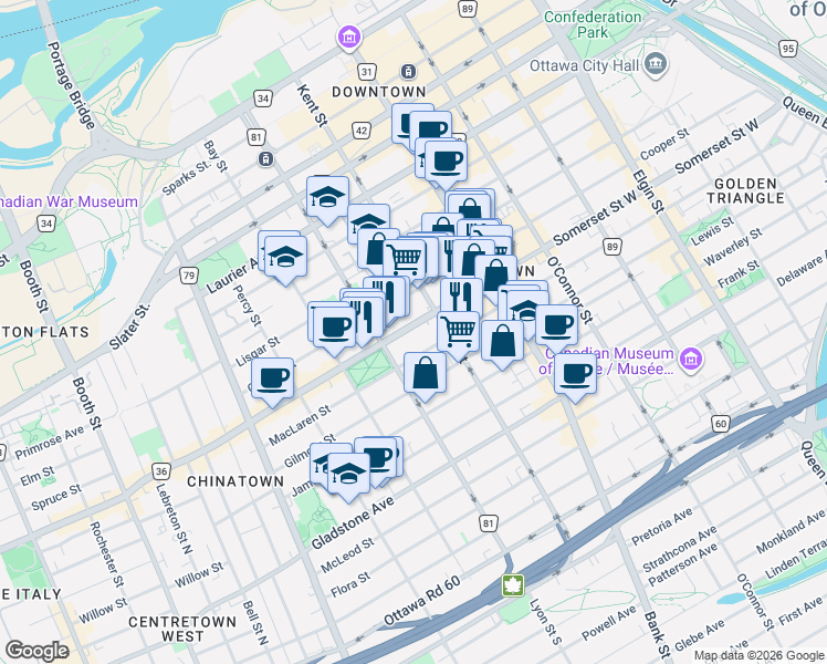 map of restaurants, bars, coffee shops, grocery stores, and more near 470 Somerset Street West in Ottawa