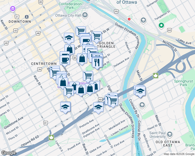 map of restaurants, bars, coffee shops, grocery stores, and more near 201 McLeod Street in Ottawa