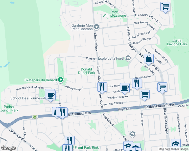 map of restaurants, bars, coffee shops, grocery stores, and more near 240 Rue de l'Ours-noir in Gatineau