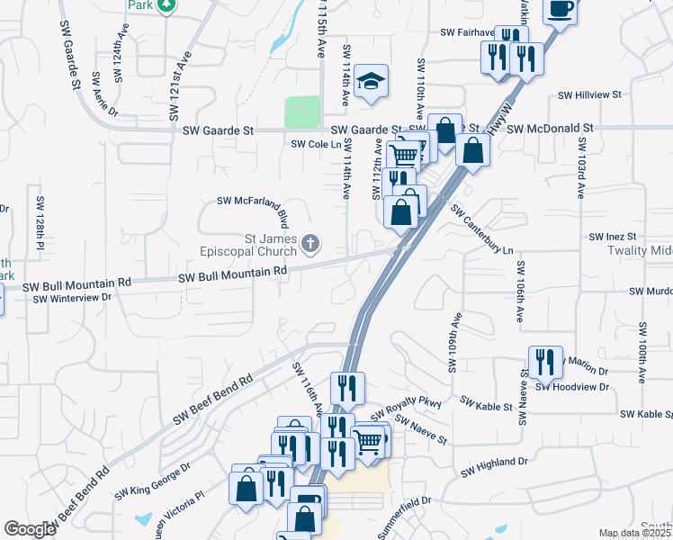 map of restaurants, bars, coffee shops, grocery stores, and more near 11430 Southwest Bull Mountain Road in Tigard